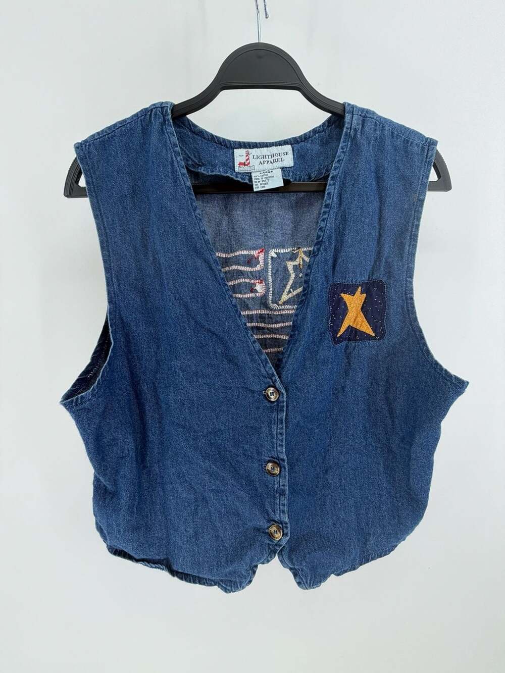 Lighthouse Apparel Vintage Denim Flag Vest Large Americana Teacher Coastal
